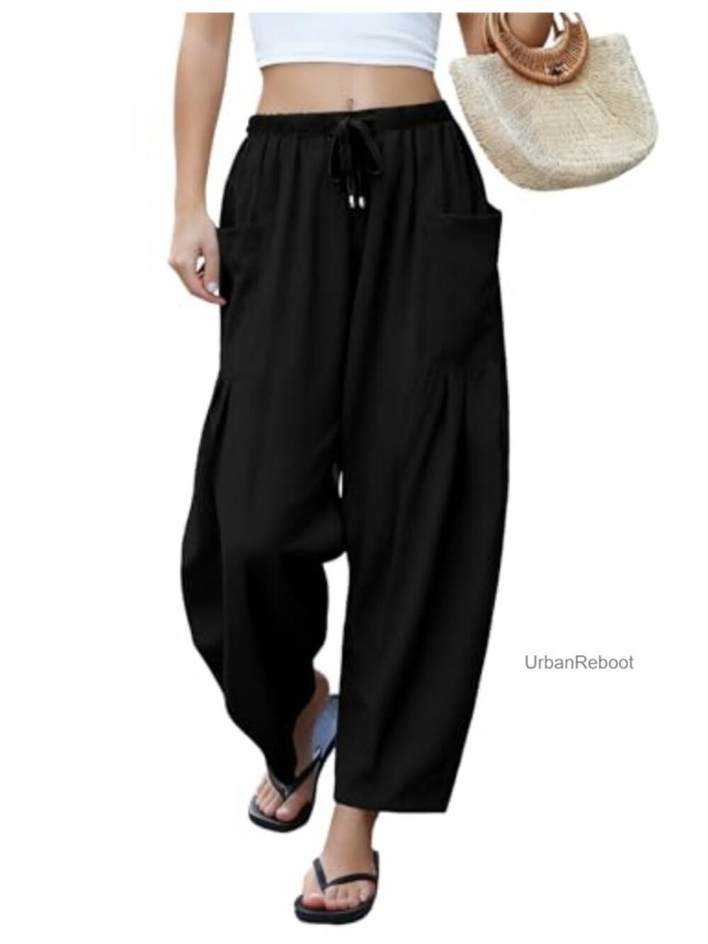Wide Leg Linen Palazzo Harem Pants Drawstring Waist Casual